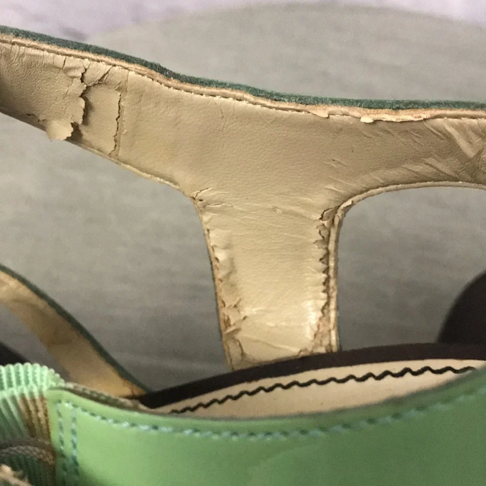 ABS Allen Schwartz Leather “Graciela” Ankle Strap Wedges, Mint Green 7.5